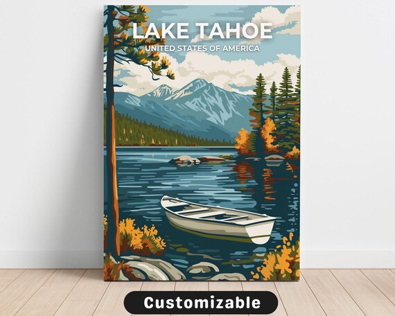 Lake Tahoe USA Vintage Travel Canoe Mountain Lake Scenic Poster