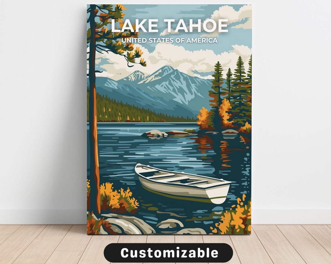 Lake Tahoe USA Vintage Travel Canoe Mountain Lake Scenic Poster