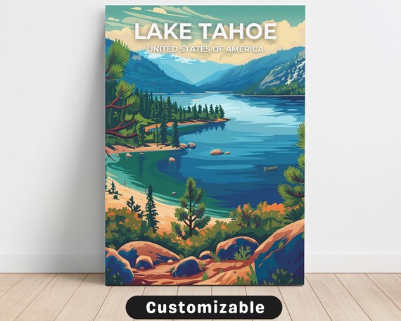 Lake Tahoe USA Pine Forest Shoreline Custom Travel Poster Art