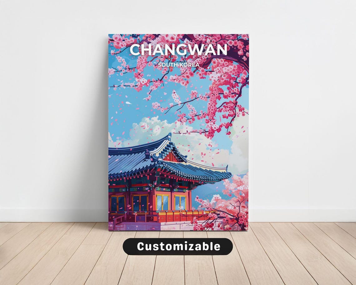Changwan South Korea Cherry Blossom Temple Spring Travel Poster