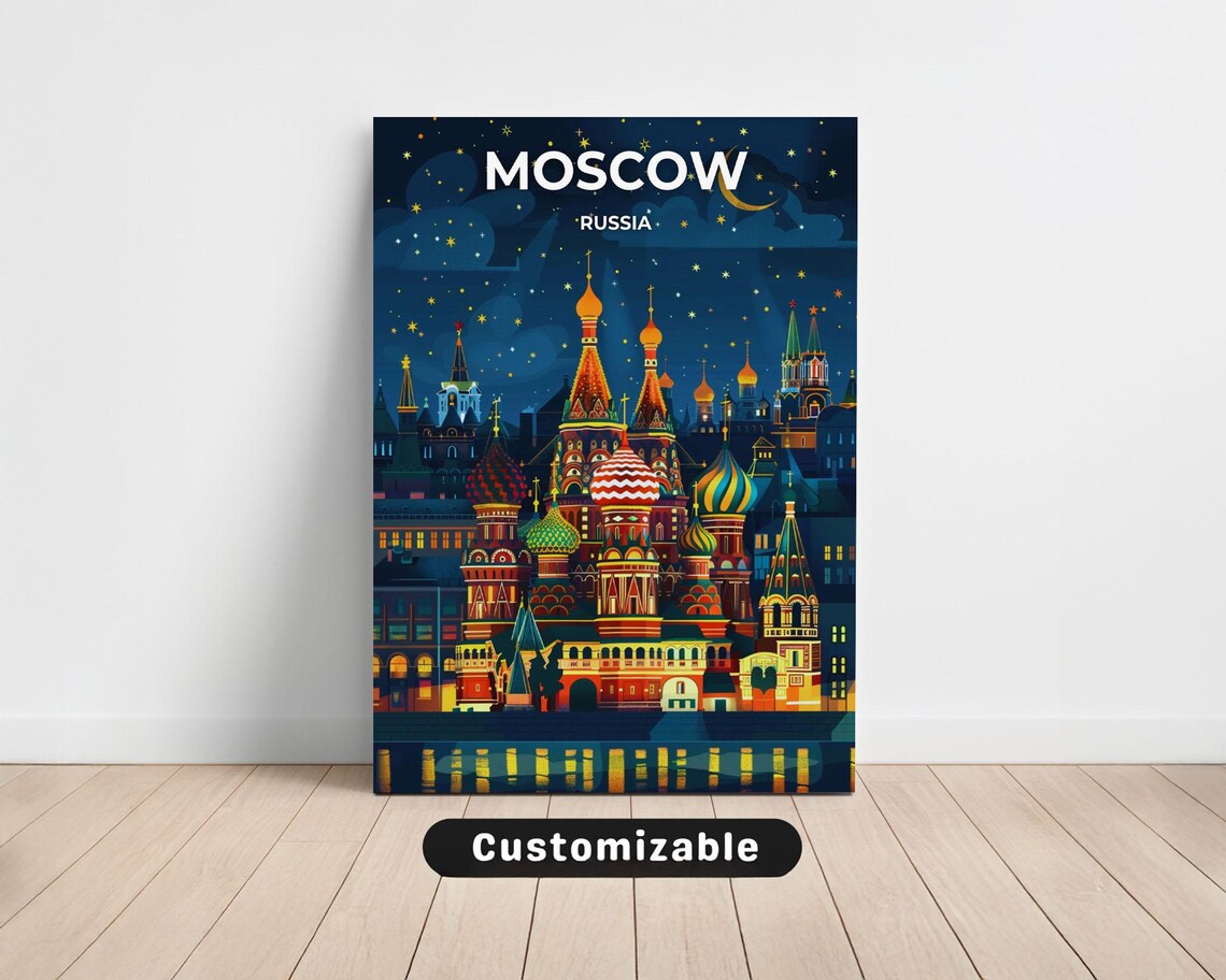 Moscow Russia Saint Basil Cathedral Night Starry Sky Travel Poster