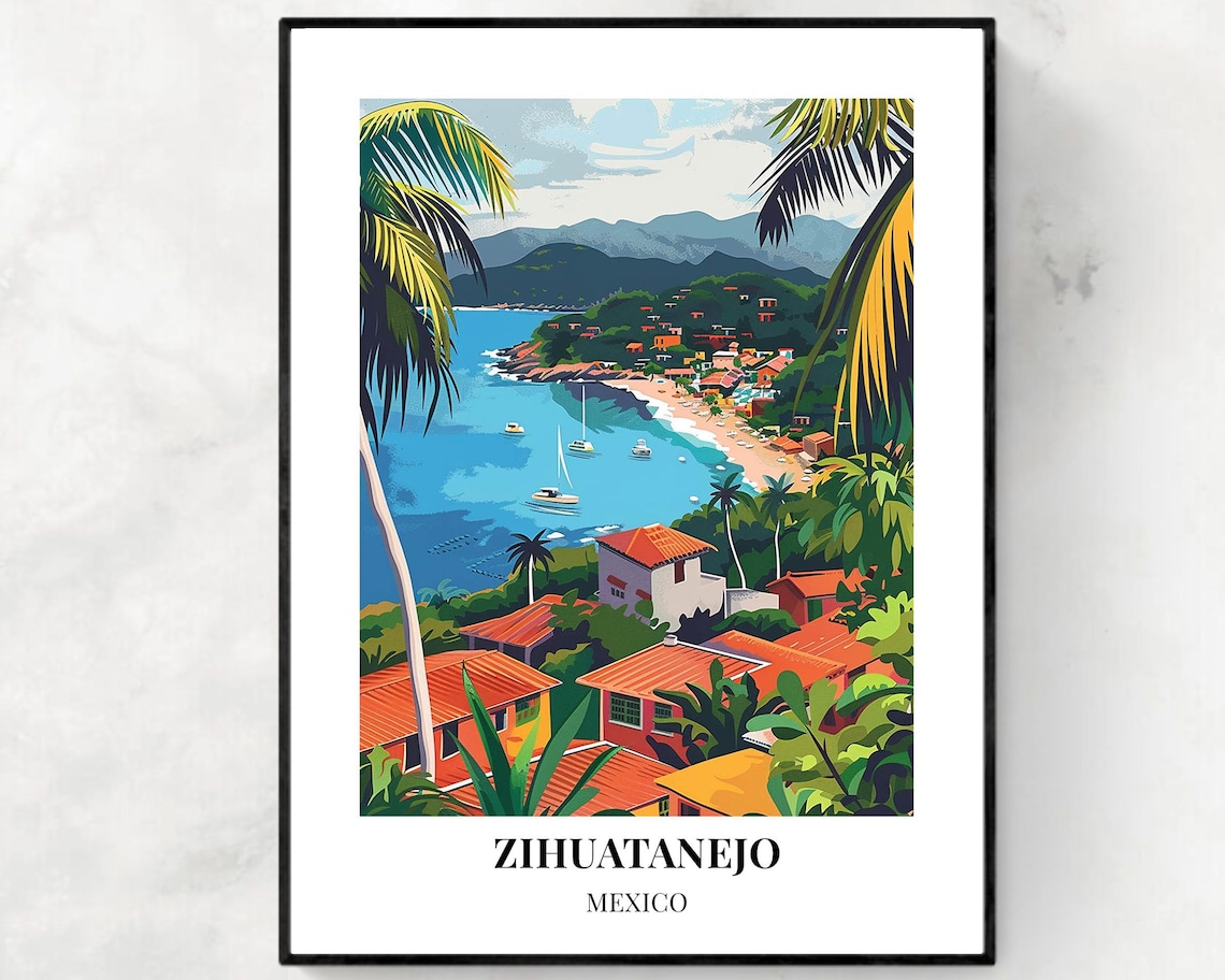 Zihuatanejo Mexico Bay Sailboats Daytime Coast Scene Travel Poster