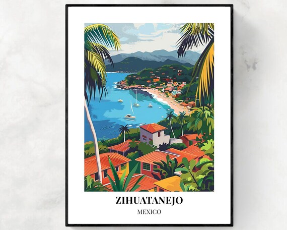 Zihuatanejo Mexico Bay Sailboats Daytime Coast Scene Travel Poster