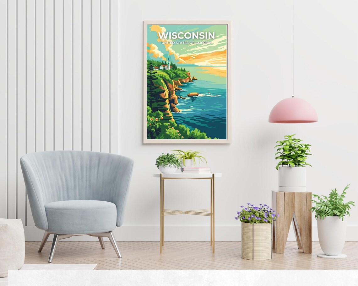 Wisconsin Lake Bluff Lighthouse Sunset Sky Banner Travel Poster - Image 2