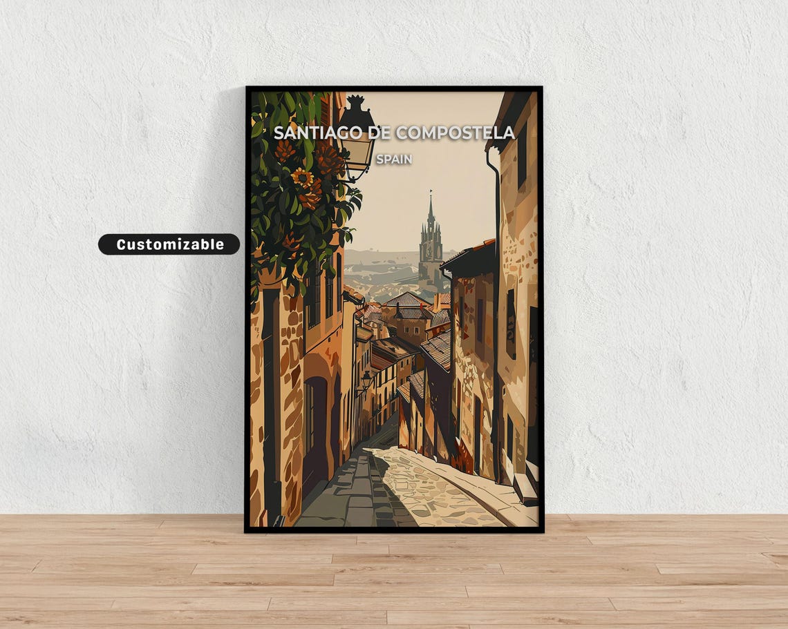 Santiago De Compostela Spain Old Street Spire Vintage Travel Poster