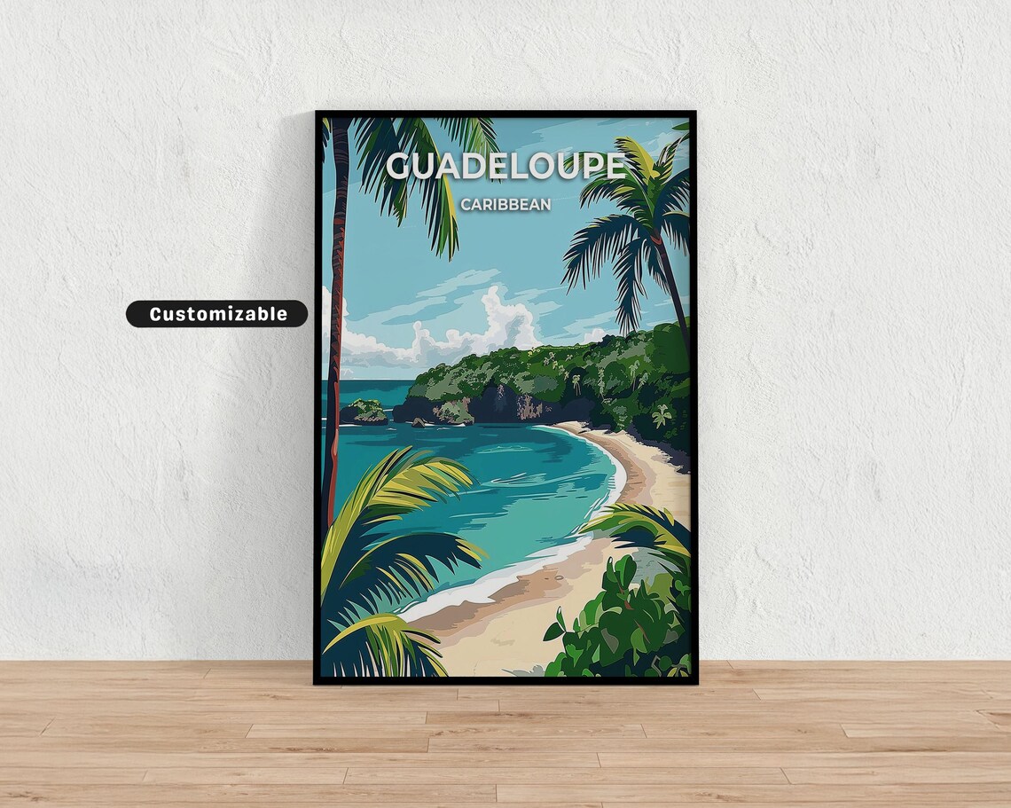 Guadeloupe Caribbean Palm Beach Turquoise Bay Island Travel Poster