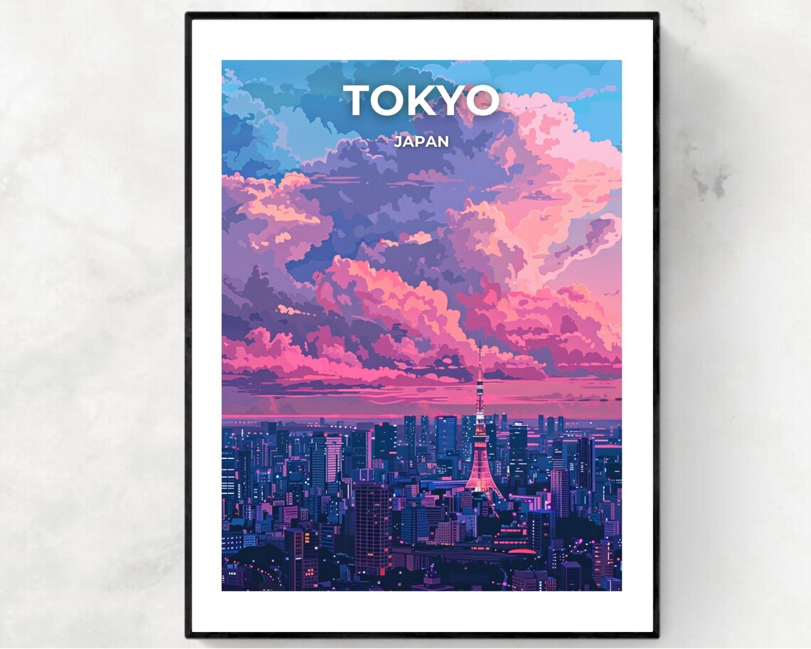 Tokyo Japan Tower Dusk Pink Cloud Neon Skyline Travel Poster