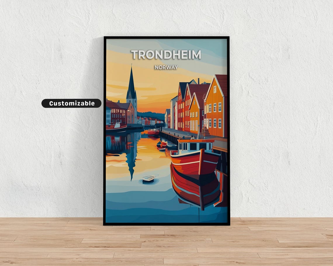 Trondheim Norway Sunset Harbor Boats Red Wharf Houses Travel Poster