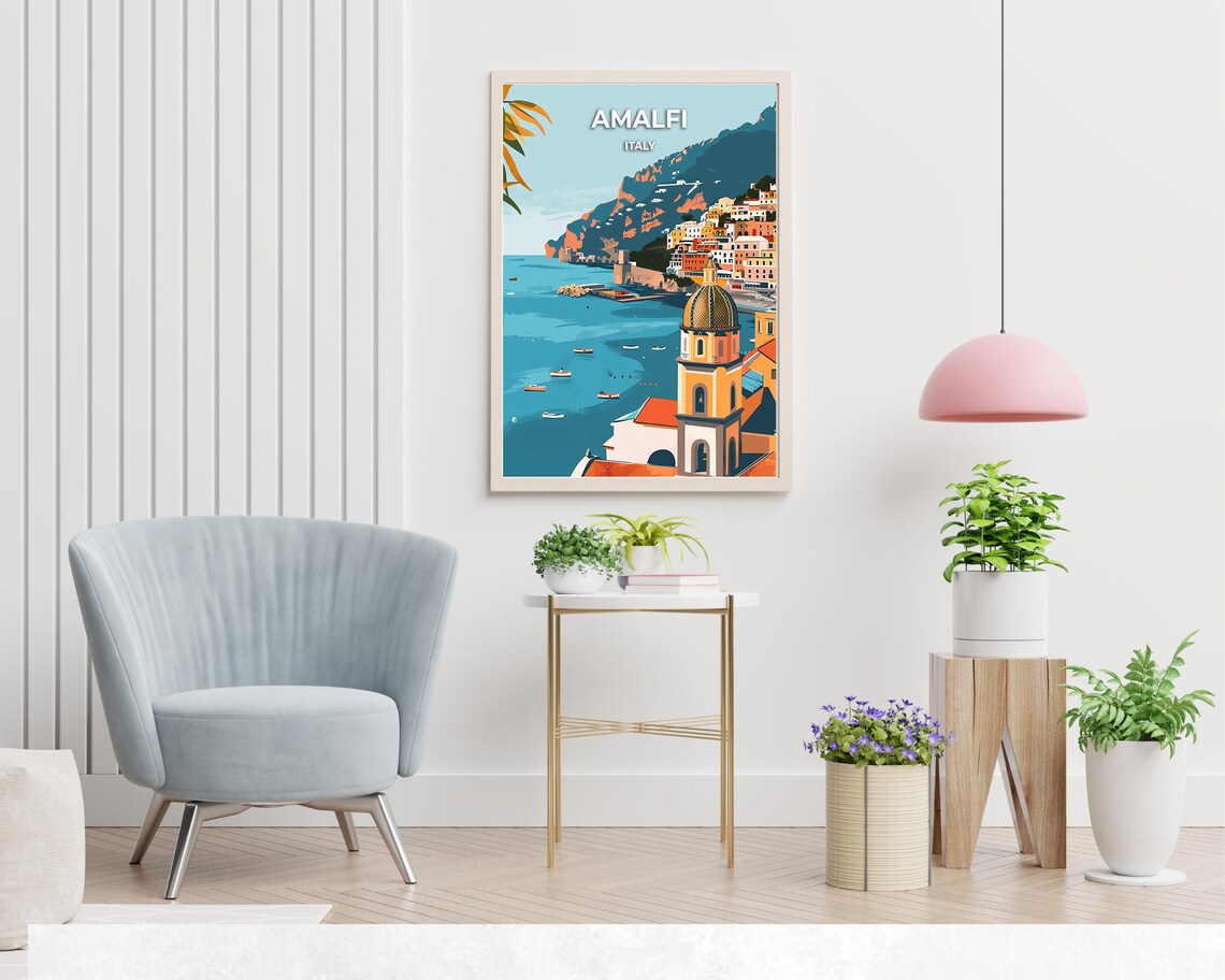 Amalfi Italy Coast Cathedral Tower Boats Retro Travel Poster - Image 2