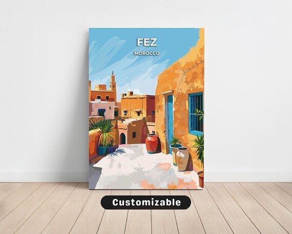 Fez Morocco Medina Alleyway Blue Doors Pottery Customizable Travel Poster