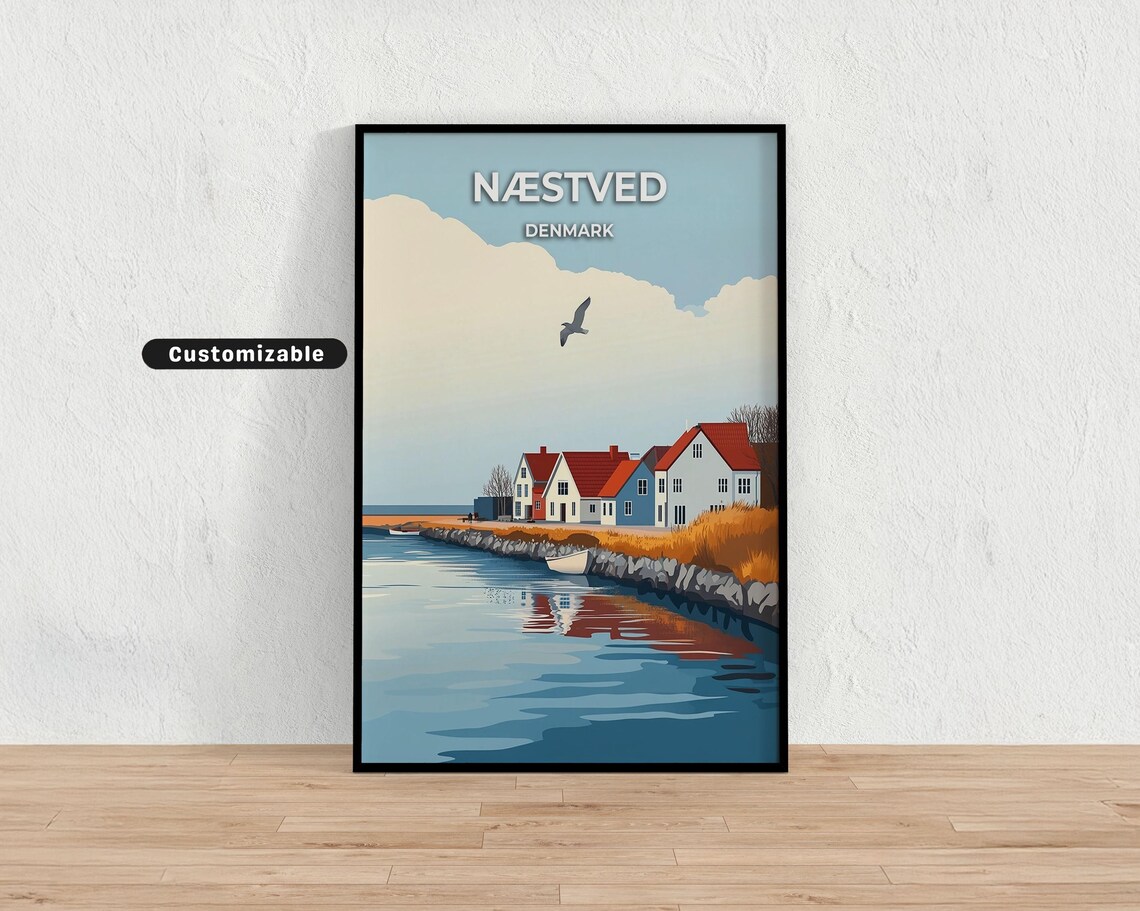 Næstved Denmark Customizable Travel Poster Harbor Cottages Boat Scene