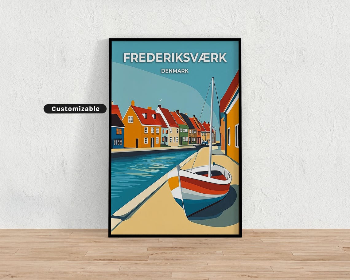Customizable Frederiksværk Denmark Canal Street Scene Travel Poster