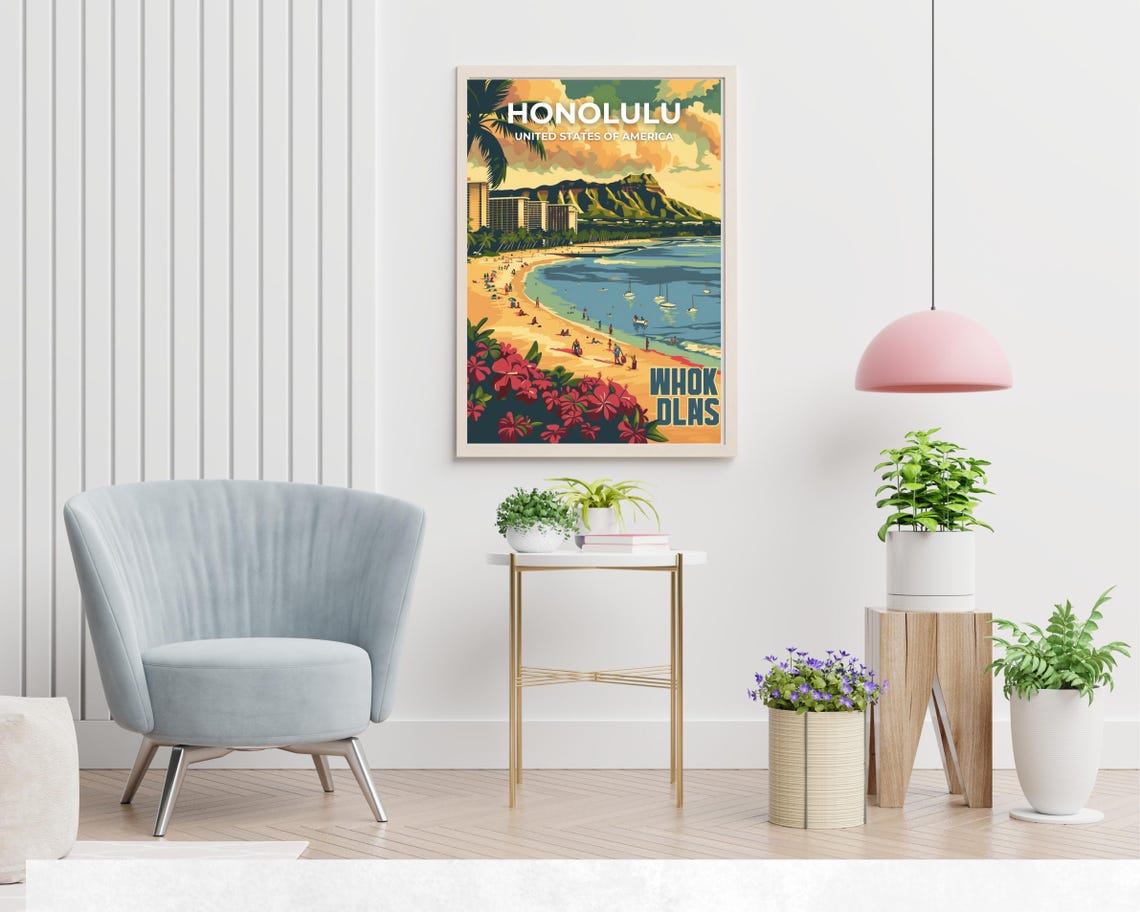 Honolulu Waikiki Beach Diamond Head Vintage Sunset Travel Poster - Image 2