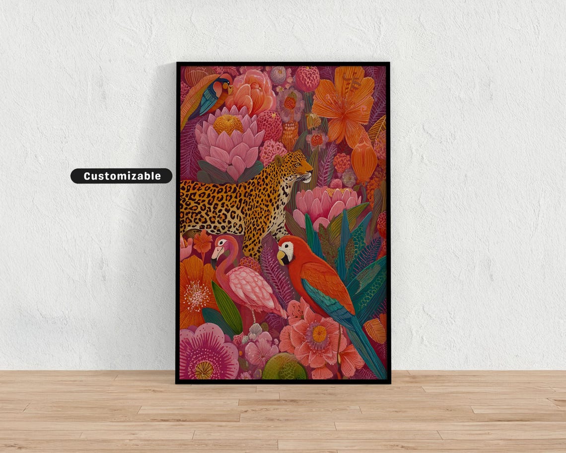 Tropical Leopard Jaguar Jungle Parrots Bold Floral Wildlife Poster