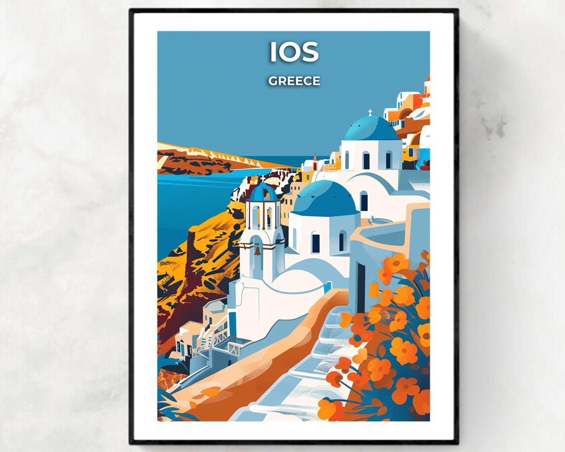 Ios White Churches with Blue Domes above the Aegean Greece Poster