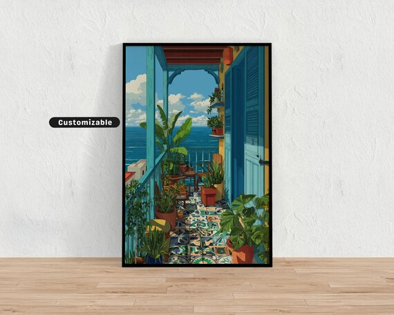 Cubanstyle Balcony With Ocean View Colorful Tropical Wall Art Mediterranean Decor Print