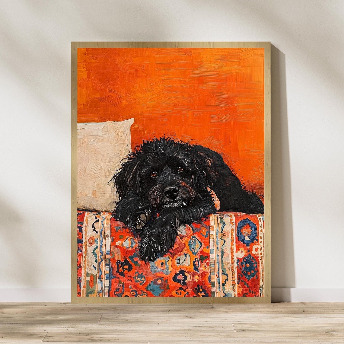 Cozy Sleepy Black Dog Resting On Warm Patterned Rug Scene Poster