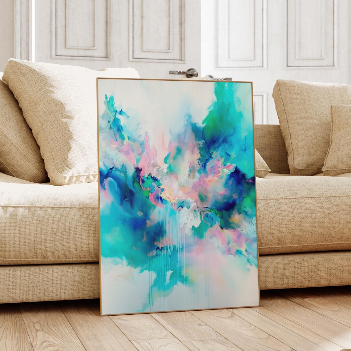 Ink Wash Abstract In Teal Blue Green And Pink With Paint Drips Poster
