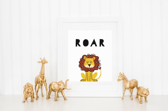 Cute Roar Cartoon Lion Safari Minimalist Nursery Playroom Wall Art