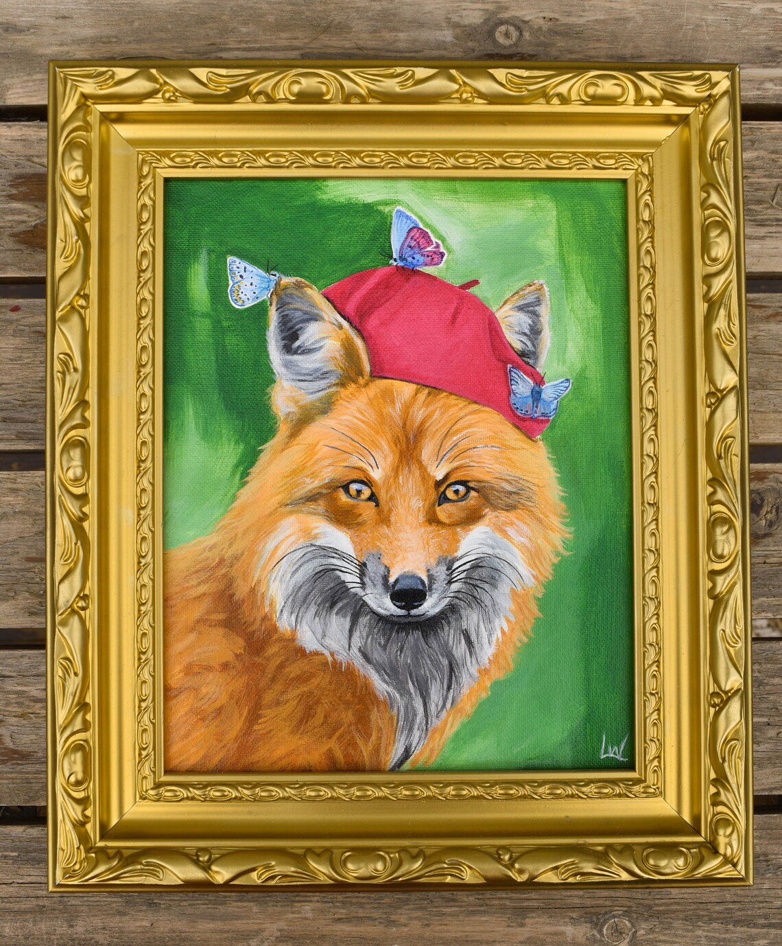 Fox in Red Beret With Butterflies Fun Animal Portrait Poster