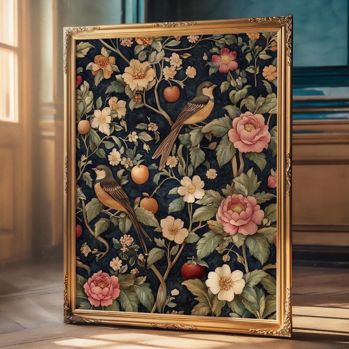 Songbirds and Blooming Garden Flowers Dark Vintage Botanical Poster