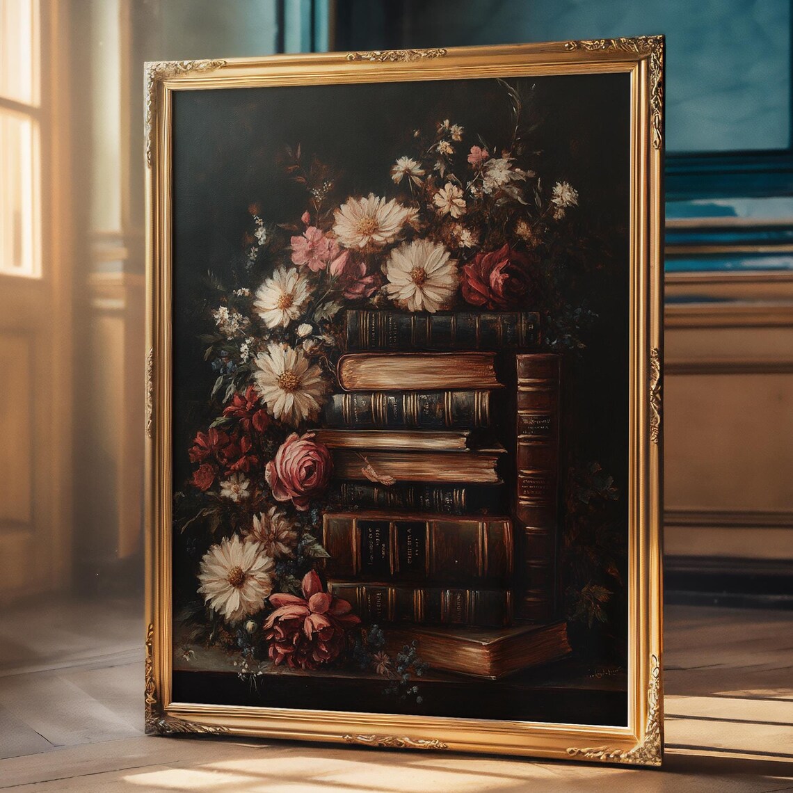 Books Wildflowers Vintage Oil Painting Art Print
