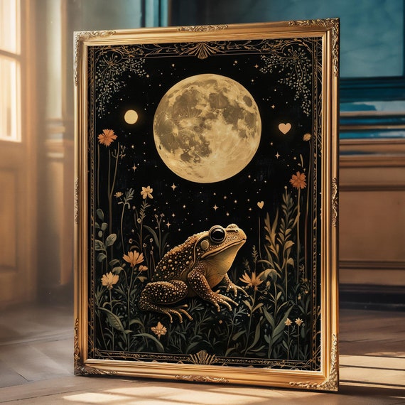 Celestial Toad Poster Print Full Moon Art Deco Floral Modern Wall Art Gothic Occult Wildflower Maximalist Wall Decor Gift Matte Poster