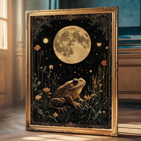 Golden Toad under Full Moon on Black Dark Celestial Night Art Poster