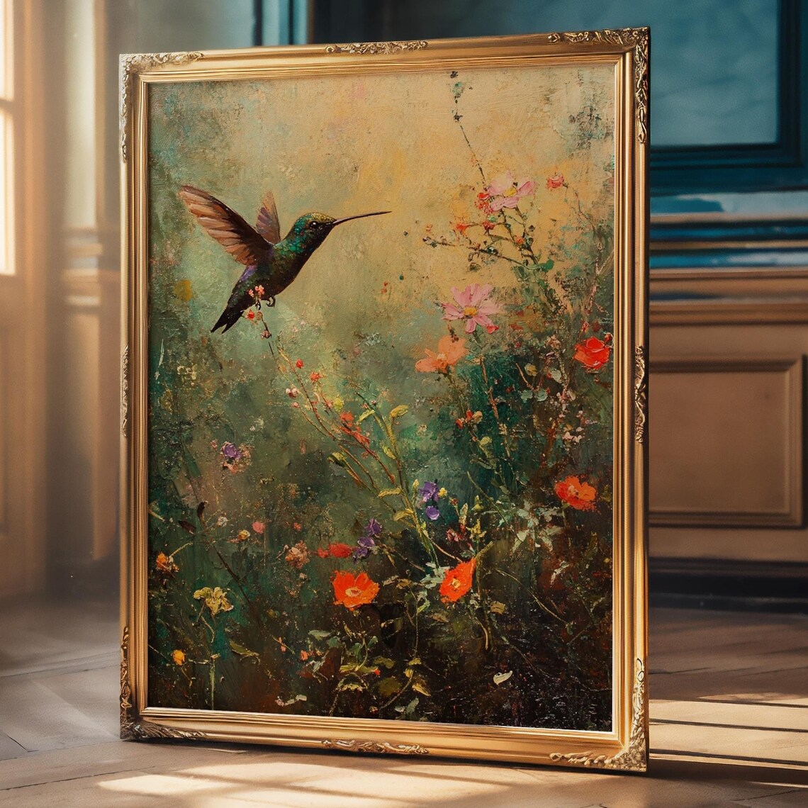 Hummingbird Wildflowers Vintage Oil Painting Art Print - Image 3
