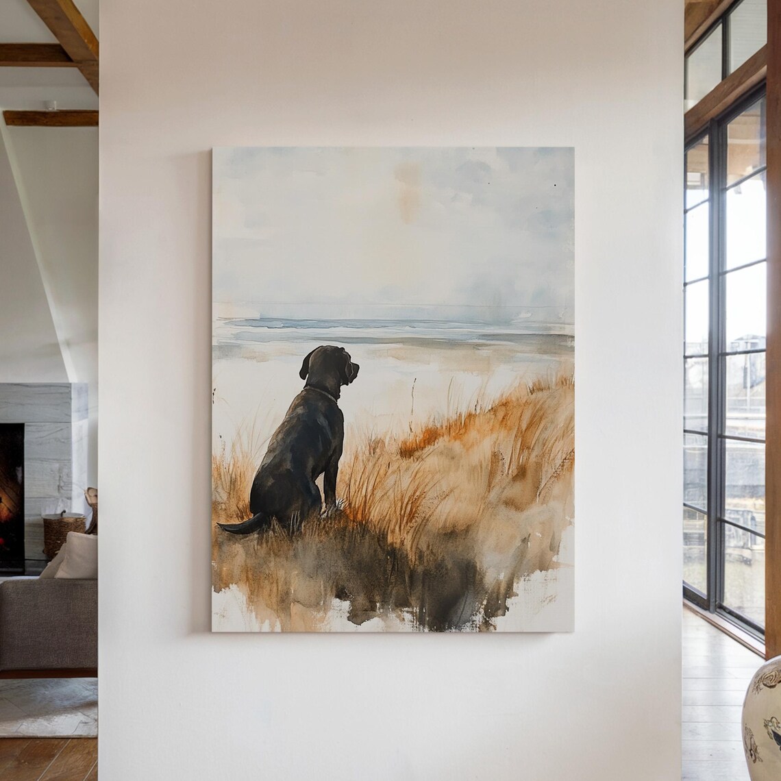 Black Labrador Watching Sea Coastal Dunes Watercolor Dog Art Poster