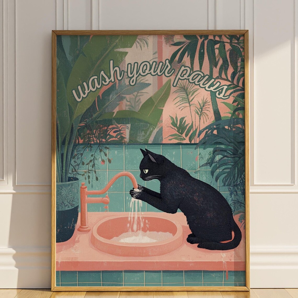Wash Your Paws Black Cat Bathroom Art Print