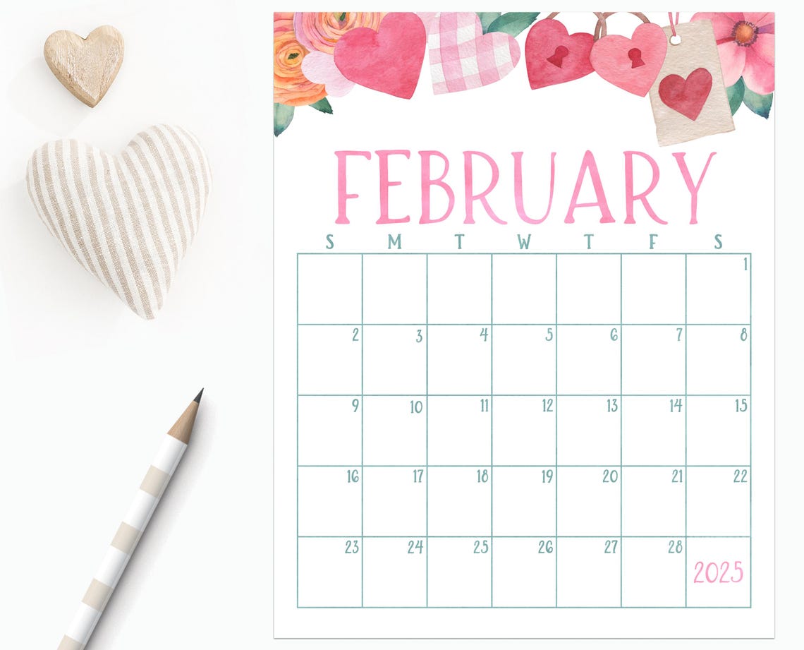 February 2025 Calendar Hearts Garland Valentine Monthly Planner Art - Image 4