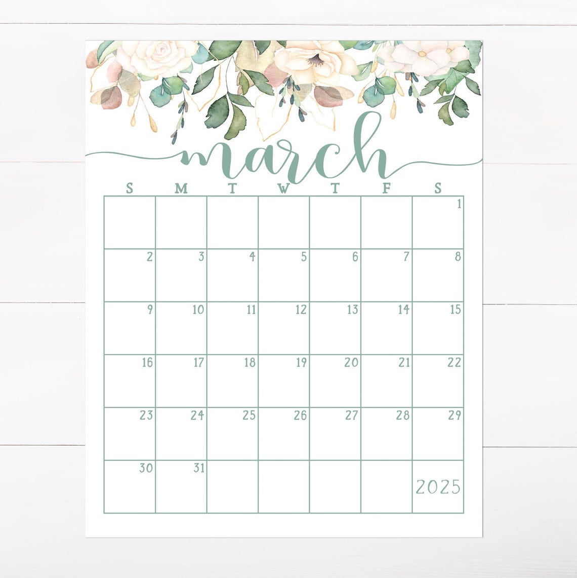 March 2025 Calendar Sage Script Boho Floral Spring Monthly Planner - Image 4