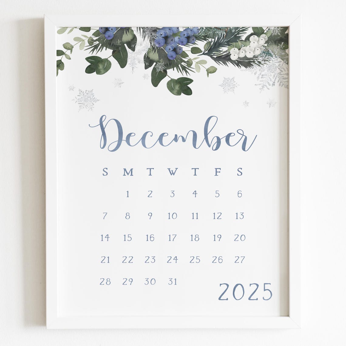 December 2025 Calendar Blue Berries Snowflakes Winter Botanical Print - Image 5
