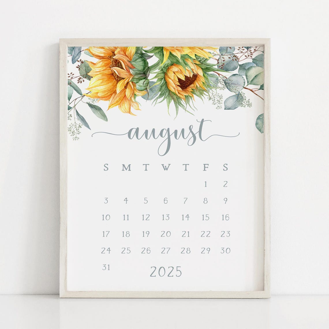 August 2025 Calendar Sunflowers Eucalyptus Wood Frame Planner - Image 3