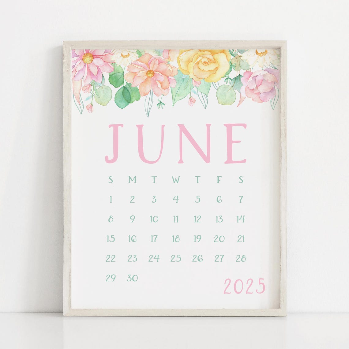 June 2025 Calendar Pastel Floral Border Summer Monthly Planner Art - Image 3