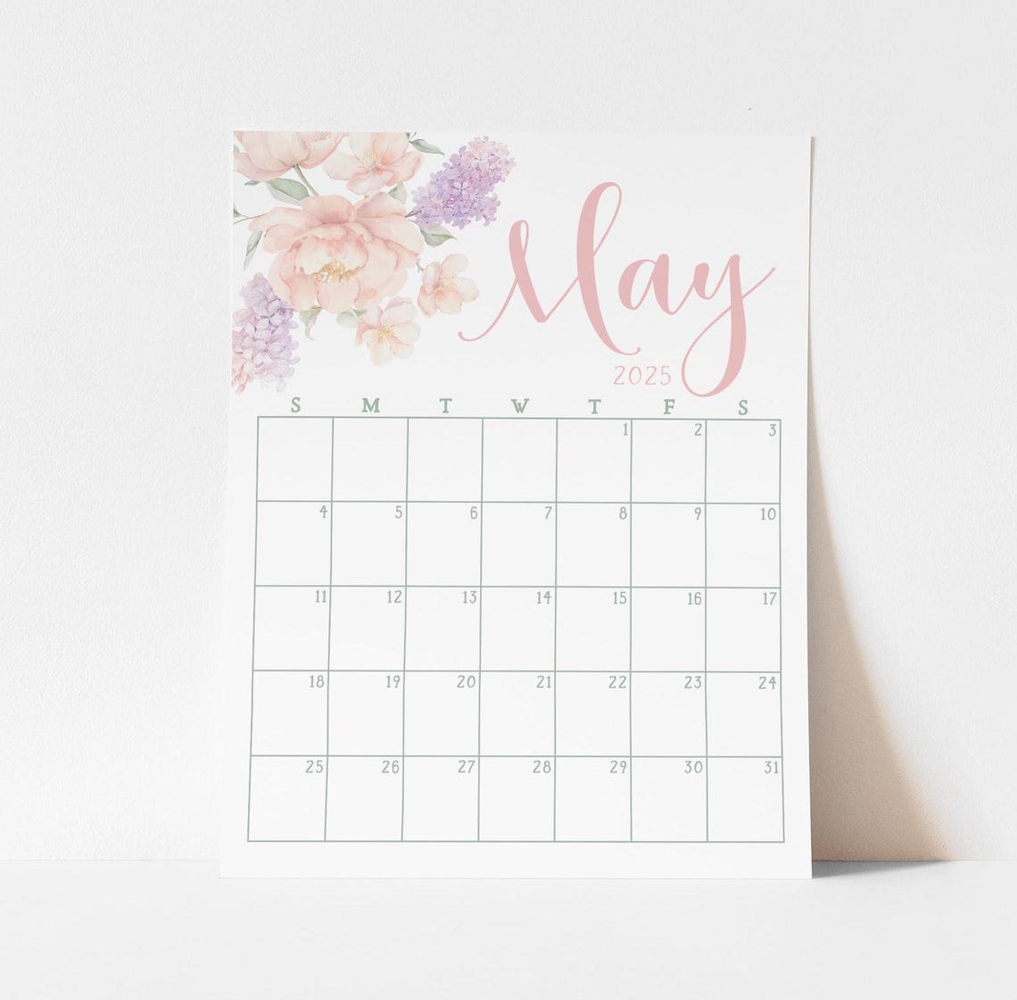 May 2025 Calendar Pink Peony Lilac Spring Monthly Planner Wall Art - Image 2