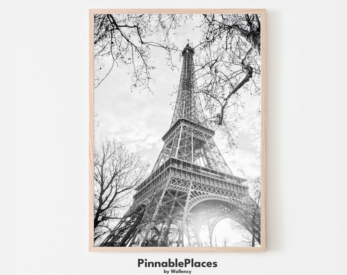 Eiffel Tower Paris Black and White Photography Tree Framed Poster