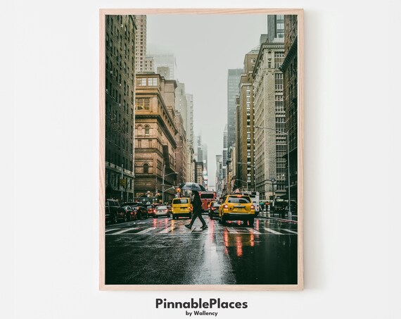 New York City Rainy Street Yellow Cabs Photography Wall Poster