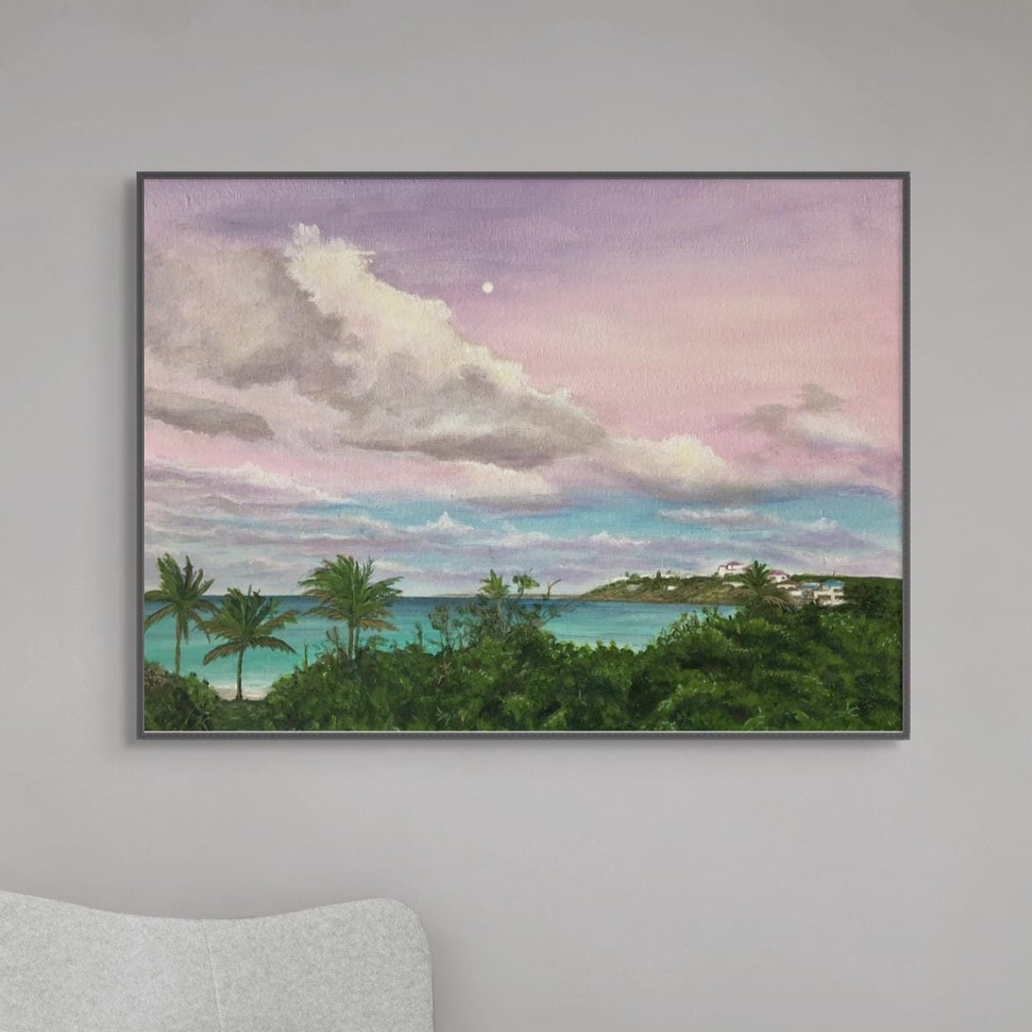 Lavender Sunset Sky Turquoise Bay Palm Trees Moonrise Beach Poster - Image 4
