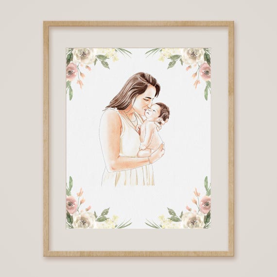 Personalized Mom and Baby Daughter Watercolor Art Print