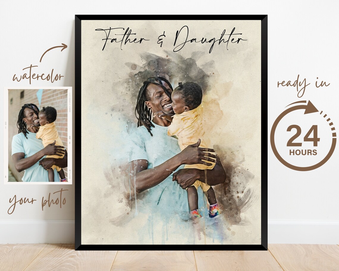 Father and Son Embrace Custom Watercolor Portrait Print Gift - Image 2