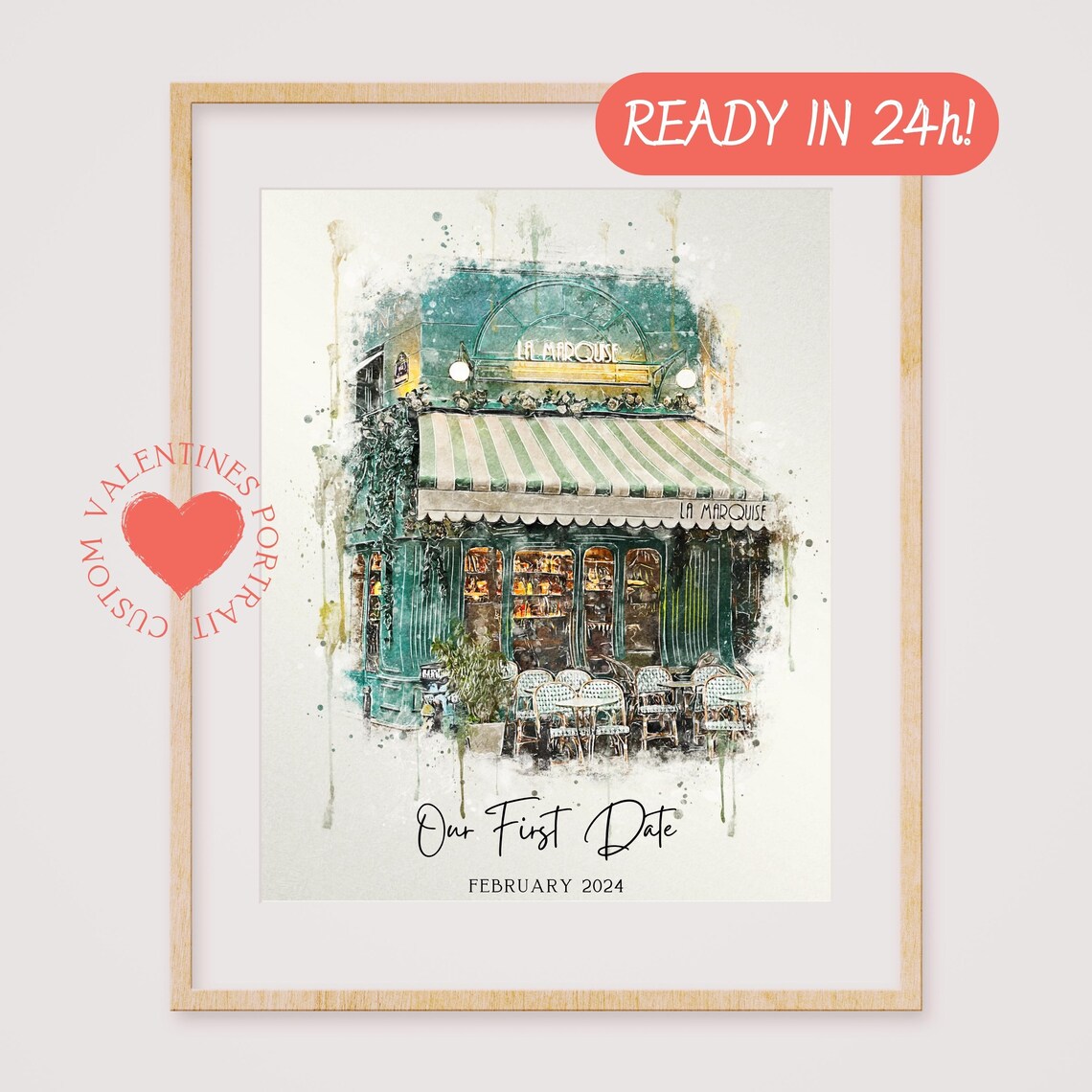 Our First Date Parisian Cafe Watercolor Venue Portrait Poster