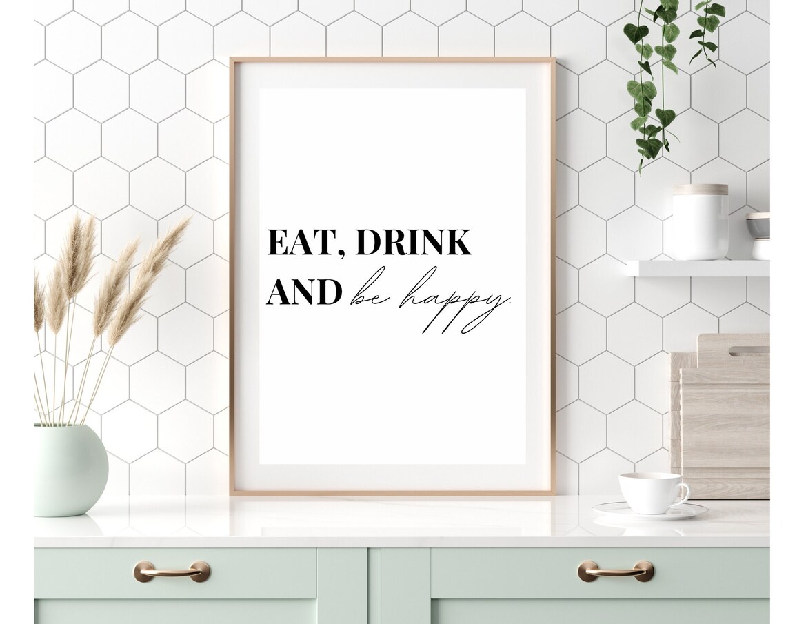 Eat Drink And Be Happy Minimalist Kitchen Dining Quote Poster