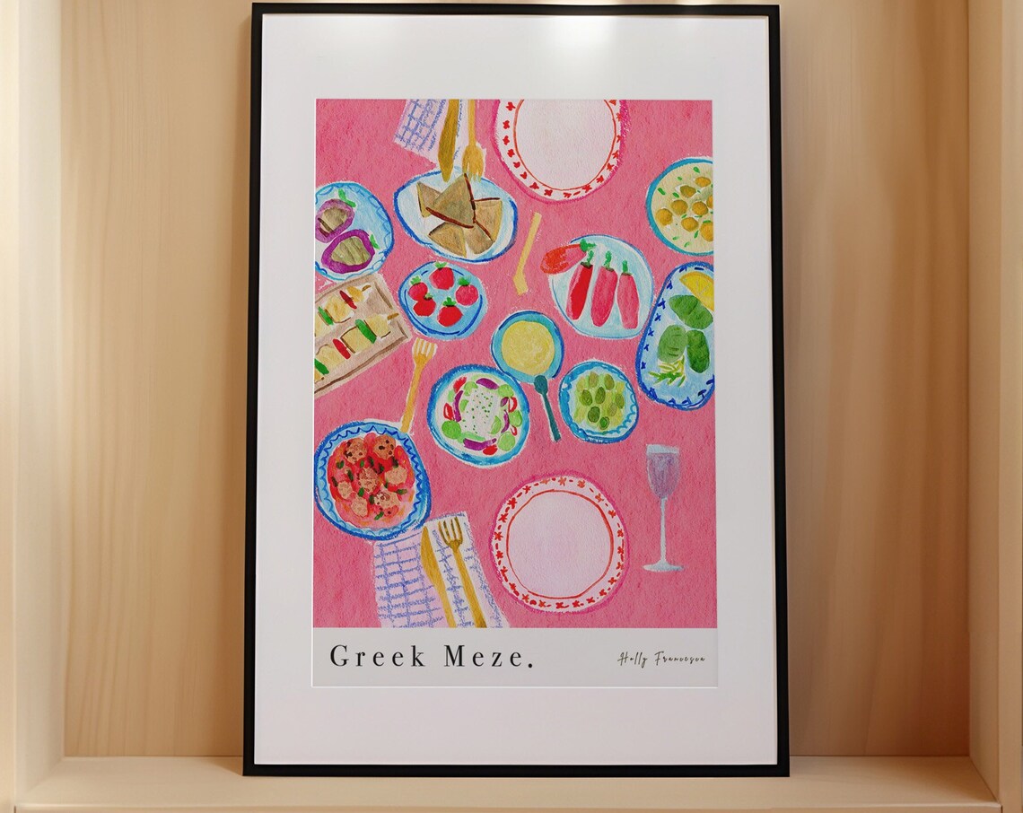 Greek Meze Table Scene Watercolour Art Print, Kitchen