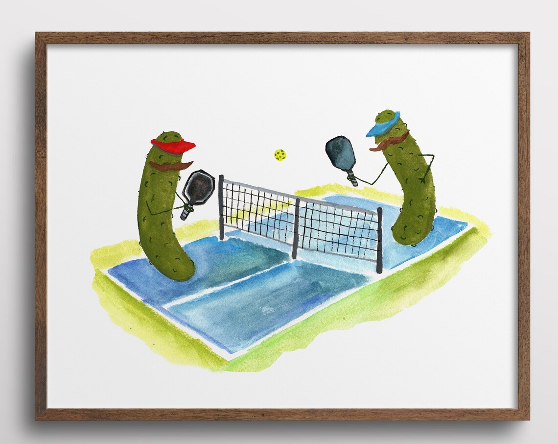Whimsical Pickles With Mustaches, Pickleball Art Print