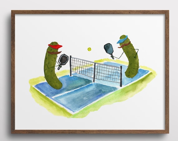 Whimsical Pickles With Mustaches, Pickleball Art Print