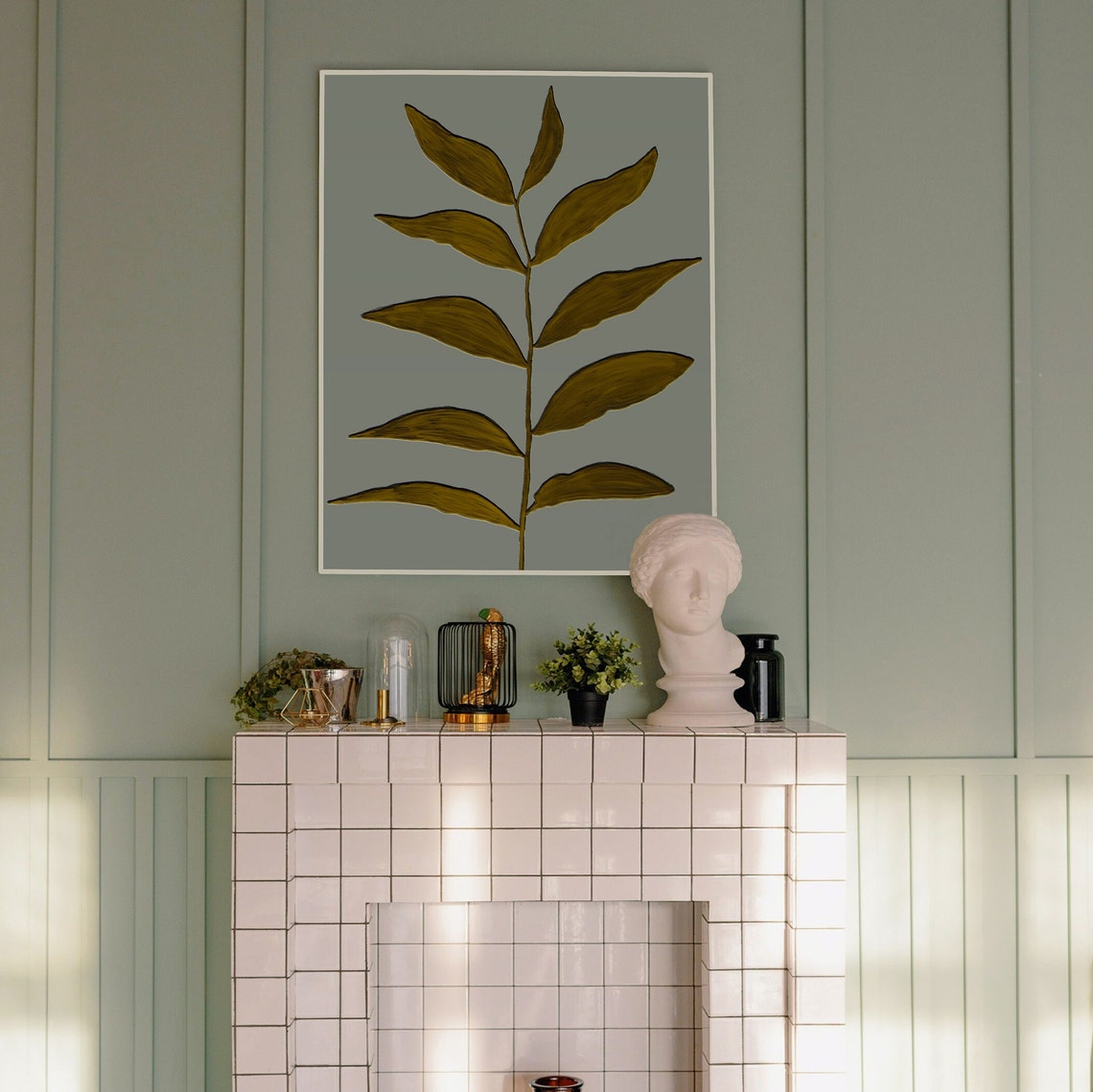 Abstract Botanical Sage Green and Ochre Poster Print - Image 2