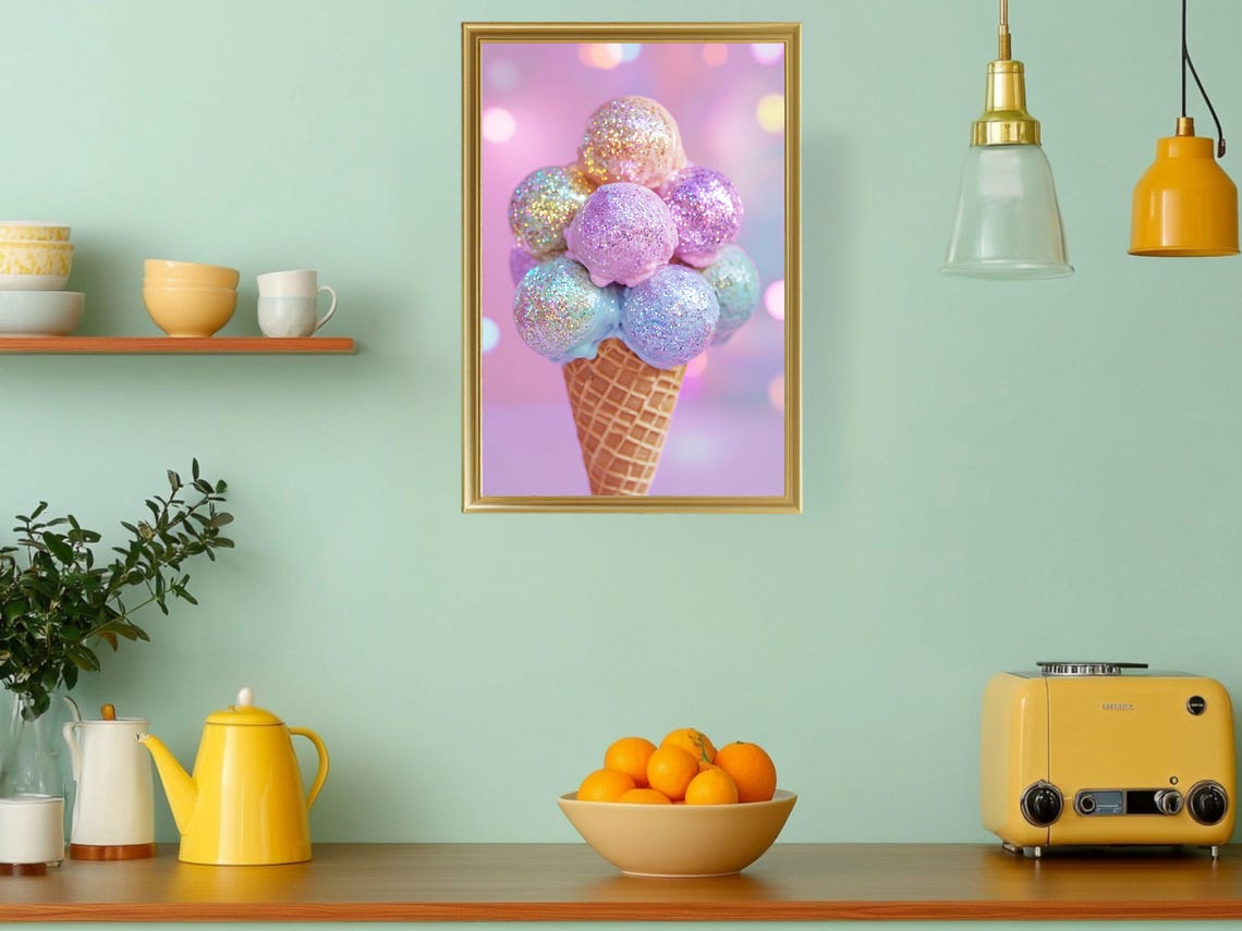 Sparkly Ice Cream Cone Wall Art Pastel Pink Glitter Print Fun And Colorful Ice Cream Poster Cute Pastel Room Decor - Image 3