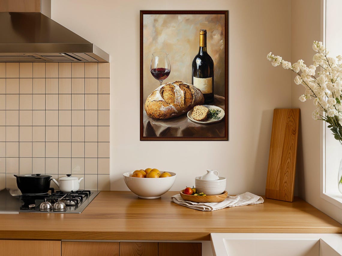 Rustic Red Wine with Crusty Bread Still Life Painting Poster - Image 3